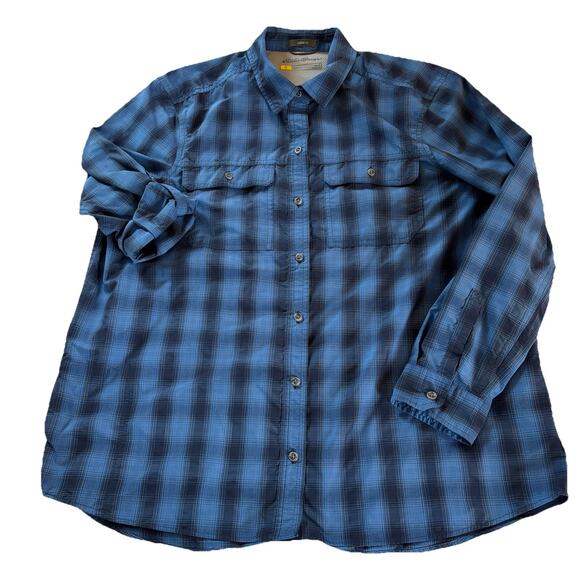 Eddie Bauer Women’s Blue Plaid Travex Roll Tab Sleeve Vented Shirt Size Large - Picture 5 of 16